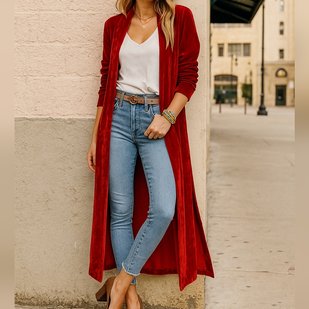 Retro Velour 70s Longline Open Front Cardigan Split Hem Sweater Duster Jacket
